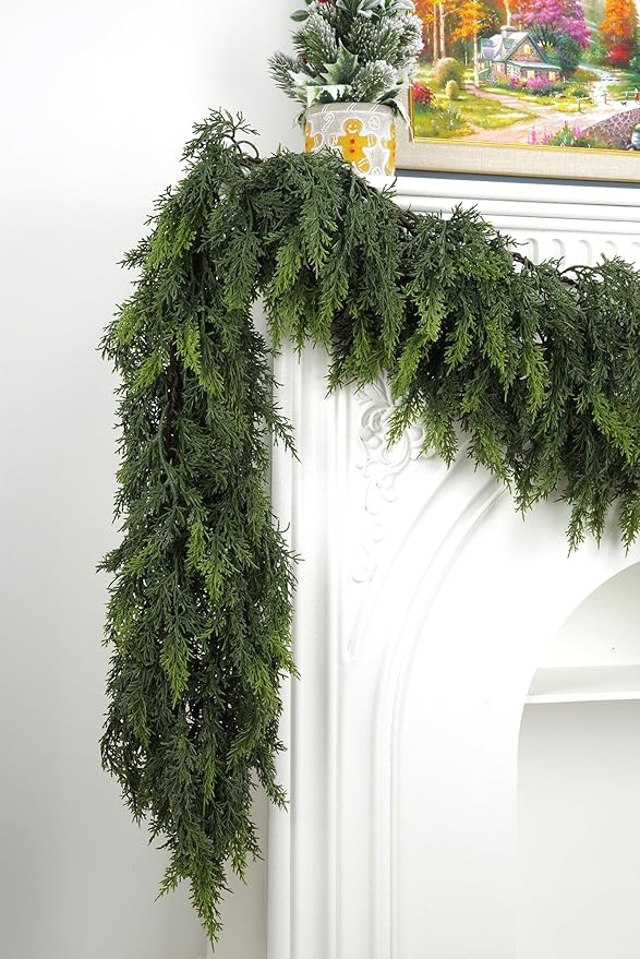 Artificial Cedar Garland, Realistic Green Pine Garland for Indoor & Outdoor Christmas Decorations, Lifelike Cedar Greenery for Mantle, Table, Staircase, and Wall (6FT(2 PCS))