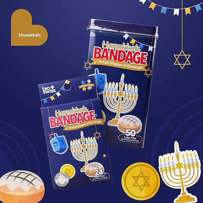 BioSwiss Kids Bandages, Hanukkah Shaped Self Adhesive Bandage Set, Latex Free, Sterile Wound Care, 50 Count