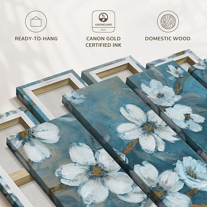 Elephant Stock Blossoms Of Evening Wall Art - Horizontal Canvas - 4-Piece Living Room Wall Decor - Blossom Painting Canvas Print - Blue and Gray Decor for Wall by Carol Robinson - 24" X 14"