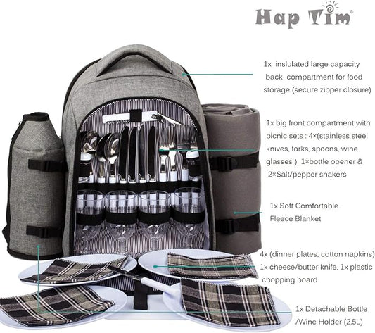 Hap Tim Picnic Basket Backpack for 4 Person with Insulated Cooler Compartment, Wine Holder, Fleece Blanket, Cutlery Set, Engagement Gifts for Couples, Bridal Shower Gift, Wedding Registry Gifts (3263)