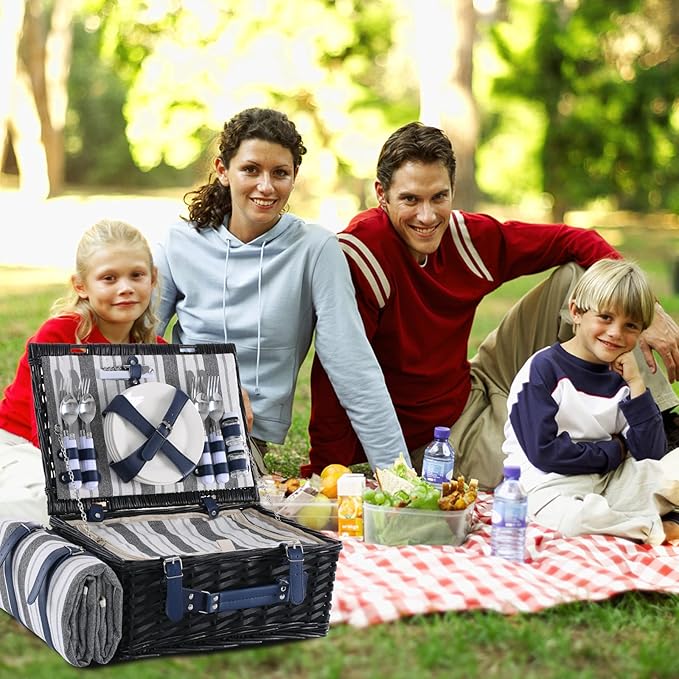 Wicker Picnic Basket for 4 with Waterproof Picnic Blanket and Insulated Cooler, Willow Hamper for Camping, Outdoors, Photoshoot, or a Birthday, Mother's Day, Wedding Gift, Black