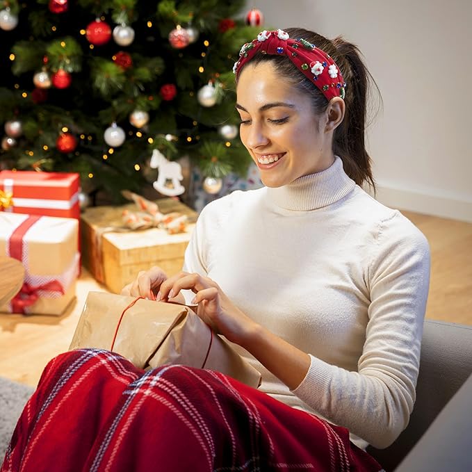 pVq Christmas Headband for Women Knotted Headband with Christmas Tree Crystal Pearl Snowflake Ribbon Xmas Holiday Hairband (Santa Claus - Red, One Size)