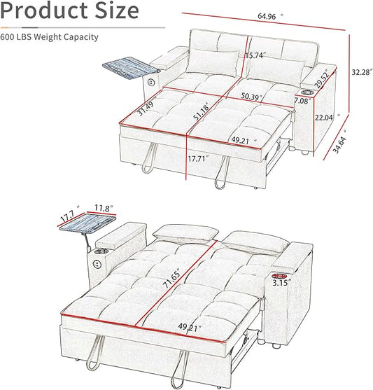 65" Cloud Couch Sleeper Sofa Bed with USB Charging Port & Side Pocket, Chenille Fabric Pull-Out Sofa with Thick Cushions, High Resilience Foam & Pillows for Living Room, Apartment, Small Spaces