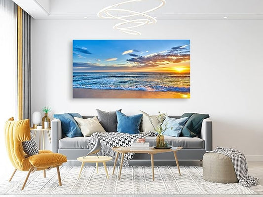 Aibonnly Wall Art Canvas Painting Seaside Sunset over the beaches 1 Piece blue sea view Ocean Picture Poster Print Framed and Stretched Ready to Hang for Living Room Bedroom Kitchen Office