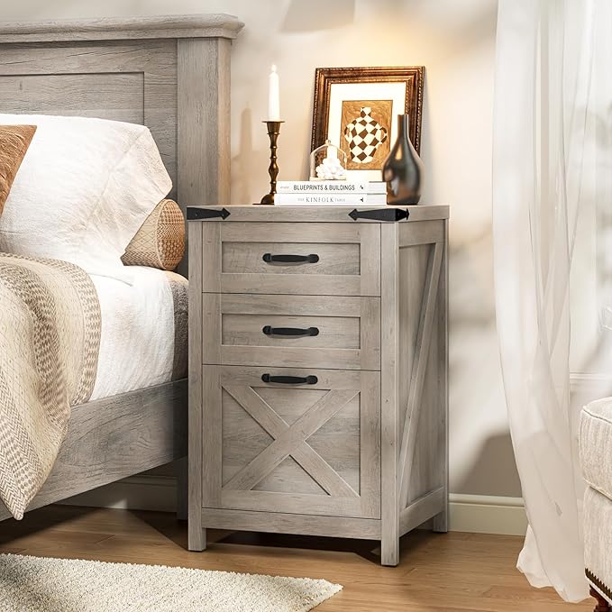 3 Drawer Small File Cabinet, Farmhouse Vertical Filing Cabinet Fits Letter and A4 Size, Under Desk Wooden File Cabinets for Home Office, Printer Stand, Grey