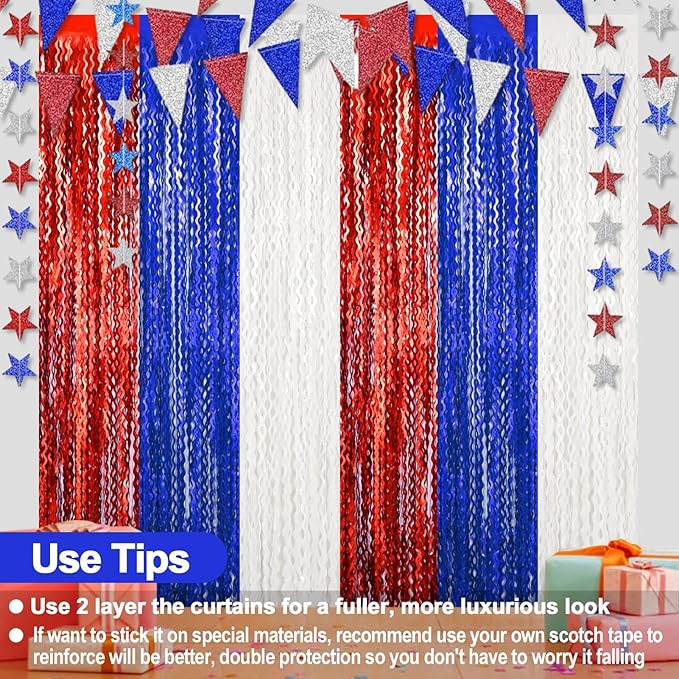 4 Pack White Blue Red Fringe Curtain Backdrop 3.2Ft x 8.2Ft Metallic Tinsel Foil Fringe Streamers Background for Photo Booth Mother's Day, Easter, Carnival, Birthday, Wedding Party Decoration