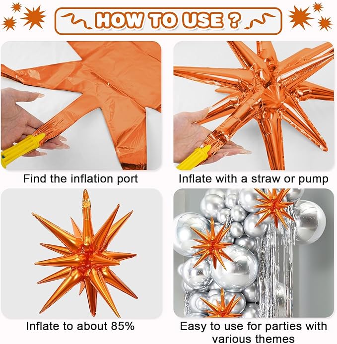 Black Orange Silver Star Balloons,9Pcs 22Inch Black Silver Orange Explosion Spike Cone Helium Polyester Film Star Foil Balloons for Halloween Birthday Anniversary Baby Shower Party Decorations