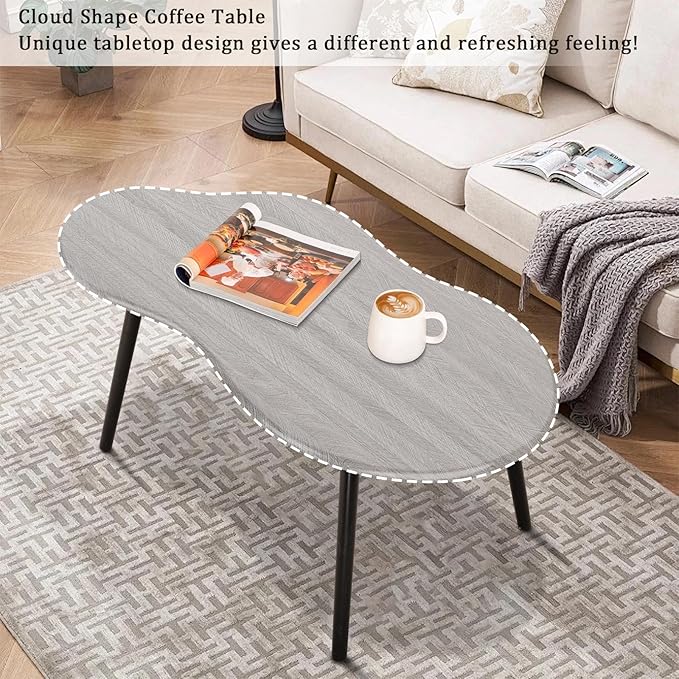 Farmhouse Coffee Table Rustic Grey Cloud Shape Coffee Tables for Small Spaces Unique Irregular Center Table with Wood Frame Decorative Furniture for Living Room, Office