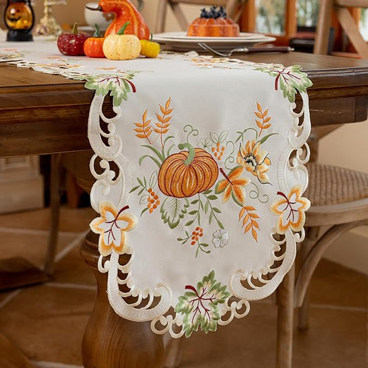 Joyfol Day Autumn Thanksgiving Table Runner 14 x 59 Inch, Cutwork Embroidered Pumpkin Maple Leaves Dresser Scarf, Seasonal Fall Table Runner for Kitchen Dining Harvest Party Decor