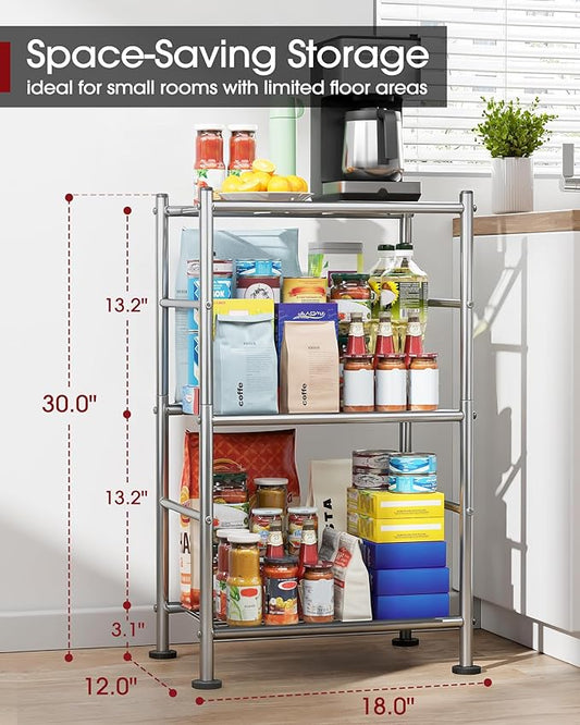 Storage Shelves - 3 Tier Shelf Organizer, Sturdy Metal Shelving with Adjustable Leveling Feet, Space-Saving Shelves Organizer for Pantry, Laundry, Kitchen (18" x 12" x 30", Silver)