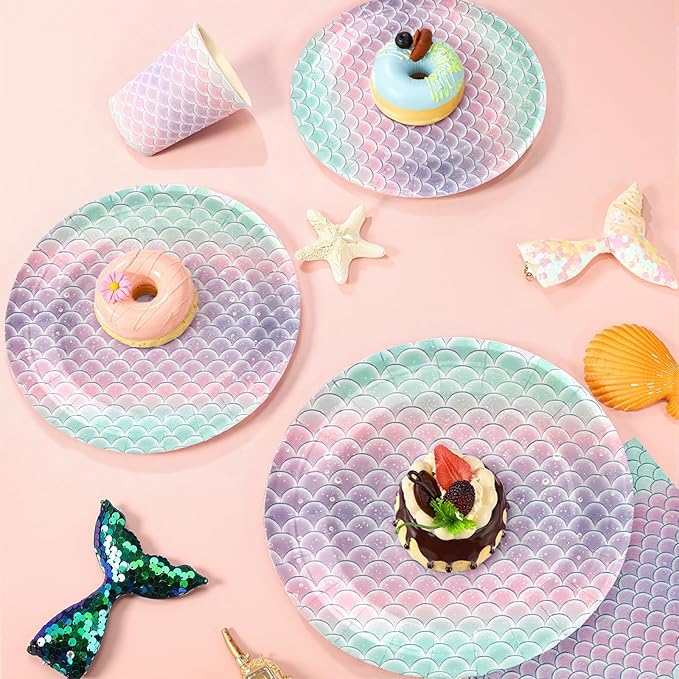 96pcs Mermaid Plates and Napkins, Mermaid Scale Paper Plates and Cups Disposable Tableware Set for 24 Guest Baby Shower Tea Kids Birthday Party Supplies Decorations