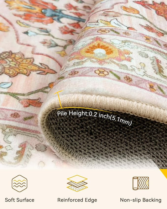 Area Rugs Square 4ft Washable Non-Slip, Floral Vintage Distress Print Pattern Medallion Carpet for Living Room Bedroom Dining Room, Light Pink Colorful