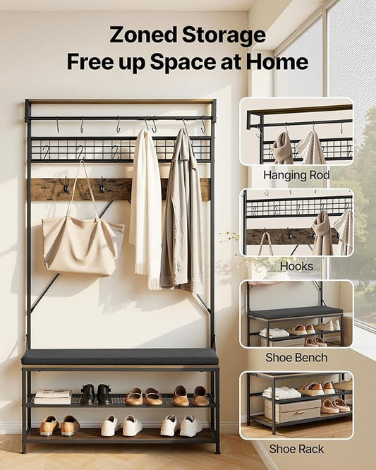 VEVOR Hall Tree with Bench and Shoe Storage, 2 Tier Entryway Bench with Coat Rack, Shoe Rack Storage Organizer with Soft Cushion, Hooks and Hanging Rod for Entryway, Hallway
