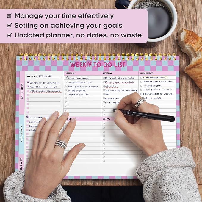 Taja Weekly To Do List Notepad with 52 Undated Sheets(8.5"×11")- Weekly Desk Planner for Women & Man, Work and Home - 1 Pack Lavender Checkered