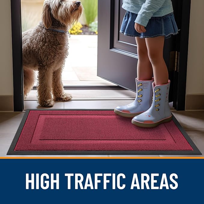 OLANLY Front Door Mat Indoor Outdoor Entrance, Waterproof All-Season, All-Weather Doormat, Sturdy Natural Rubber, Low Profile, Easy Clean Patio Porch Entryway Mat, 33x21, Burgundy