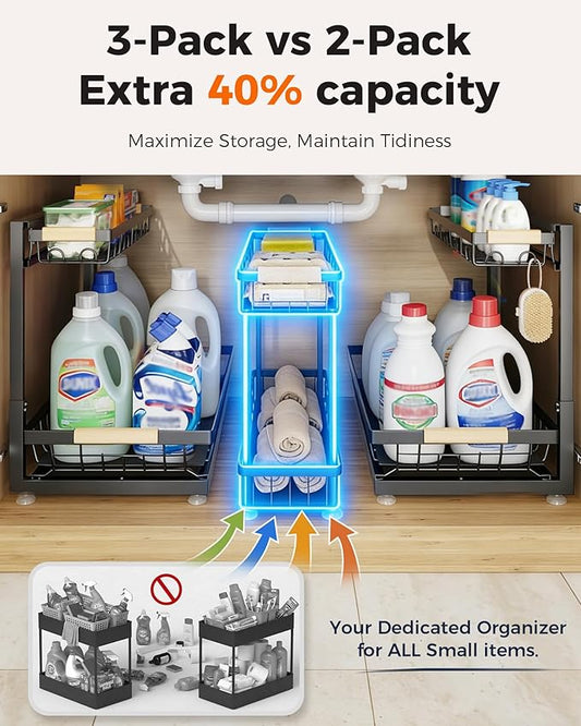 3 Pack Under Sink Organizer, Height Adjustable 2 Tier Pull-Out Metal Under Kitchen Sink Organizer, Multi-Purpose Storage Shelves for Kitchen Bathroom Cabinet (Black)
