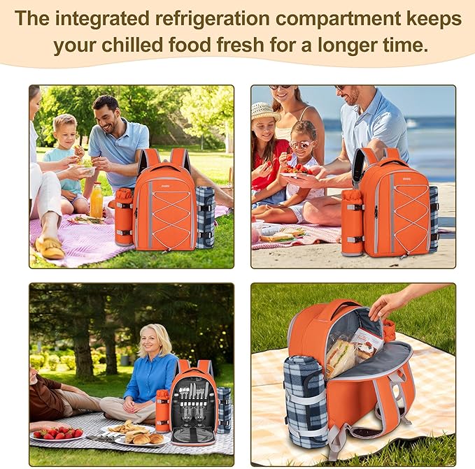 Picnic Backpack for 2 Persons with Insulated Leakproof Cooler Compartment, Cutlery Sets, Wine Holder, Fleece Blanket, Wedding Gifts for Couples, Perfect for Beach, Camping, Hiking, Orange