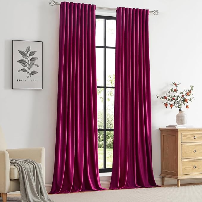 PRIMROSE Hot Pink Velvet Curtains 90 inch Long for Living Room,Set of 2 Panels Blackout Rod Pocket Back Tab Window Treatment Room Darkening Heavy Decorative Curtains Drapes for Bedroom