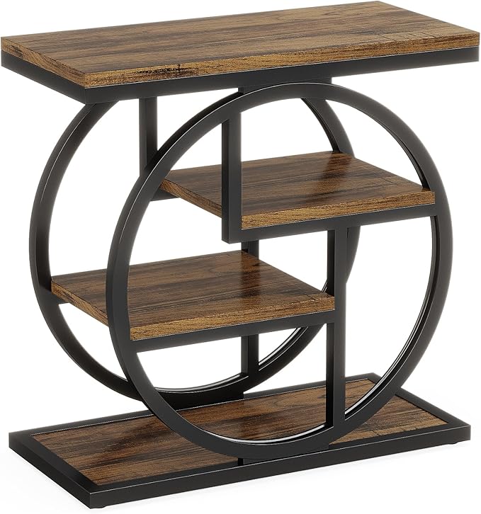 Tribesigns End Table for Living Room, 4-Tier Narrow Side Table with Storage Shelves, Industrial Bedside Table for Bedroom, Wood Small Sofa Side Table with Geometric Metal Frame (1 PC, Rustic Brown)
