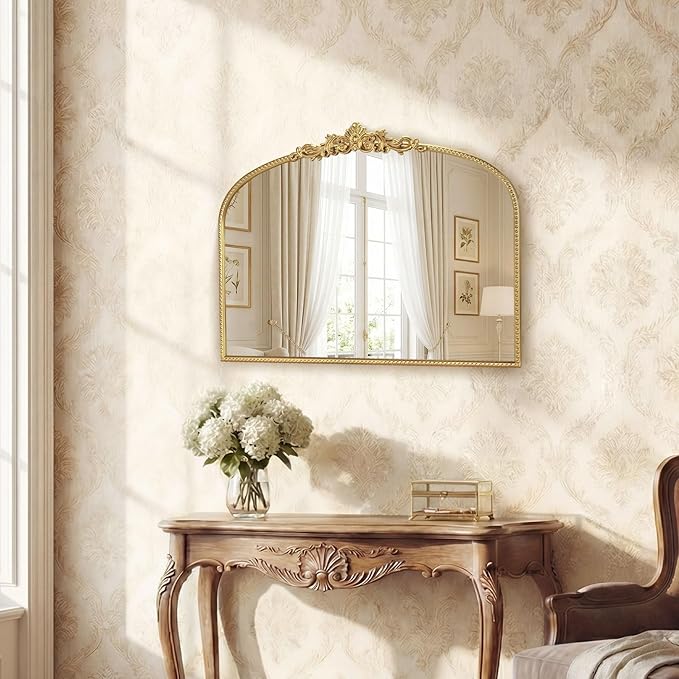 Gold Vintage Vanity Mirror 32x24 Inch, Shell Crown Ornate Beaded Frame Vanity Mirror, Antique Decorative Horizontal Mirror for Bathroom, Bedroom, Entryway, Fireplace Wall