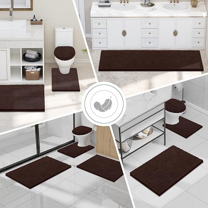 Smiry Luxury Chenille Bathroom Rugs 24x16, Extra Soft and Absorbent Shaggy Bath Mat, Machine Washable, Non-Slip Plush Carpet Runner for Tub, Shower, and Floor, Home Decor Accessories, Brown