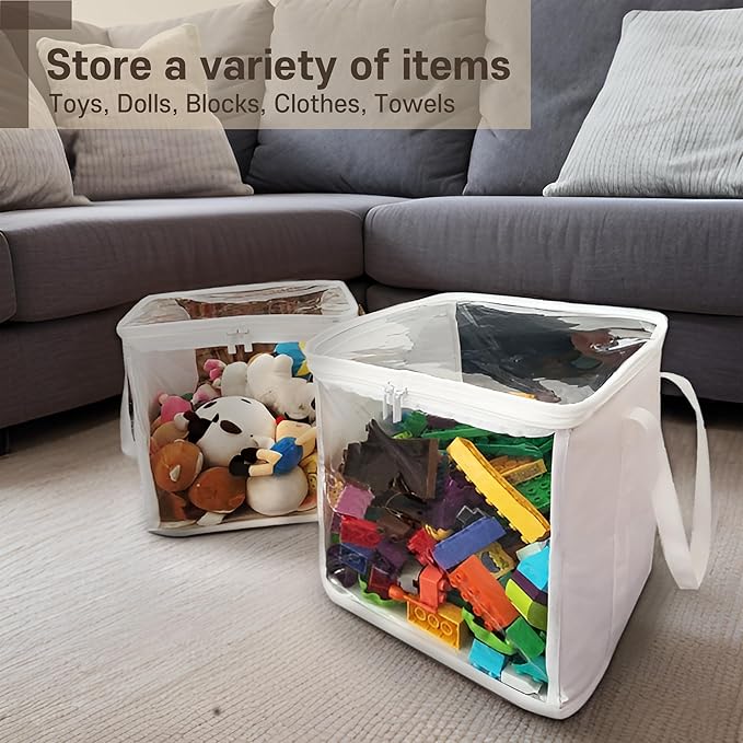holay 2 Pack Storage Bins PVC Boxes with Transparent Lid & Handles - Durable & Foldable - Multi-Purpose Organizer for Clothes, Books, and More (White, Large)