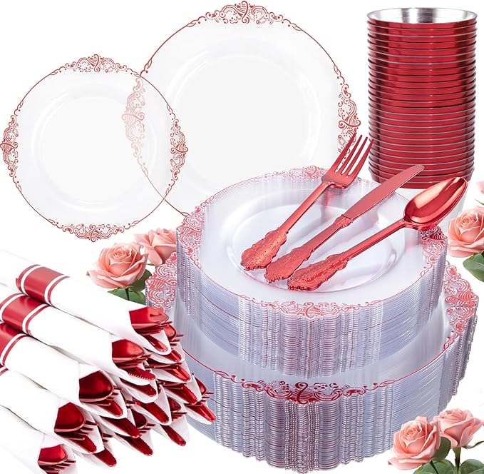Hioasis 350pcs Clear Red Plastic Plates - Elegant Disposable Dinnerware Set Suitable for 50 Guests Include 10.25" Dinner & 7.5" Dessert Plates, Pre Rolled Silverware Set, Cups for Party & Wedding
