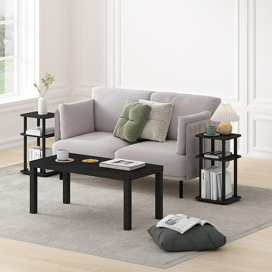 Furinno JUST Side Table Set of 2, 3-Tier Turn-N-Tube End Table with Open Shelf, Round Curve Corner Night Stand, Bedside Table, Easy Assembly, for Living Room, Bedroom, Americano