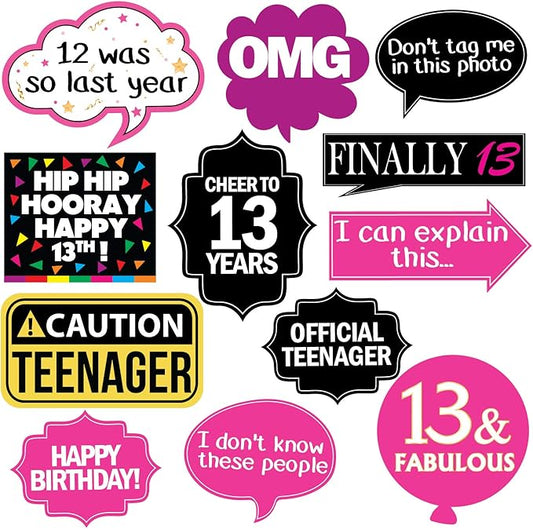 13th Birthday Photo Booth Party Props - 40 Pieces - Funny Official Teenager Birthday Party Supplies, Decorations and Favors