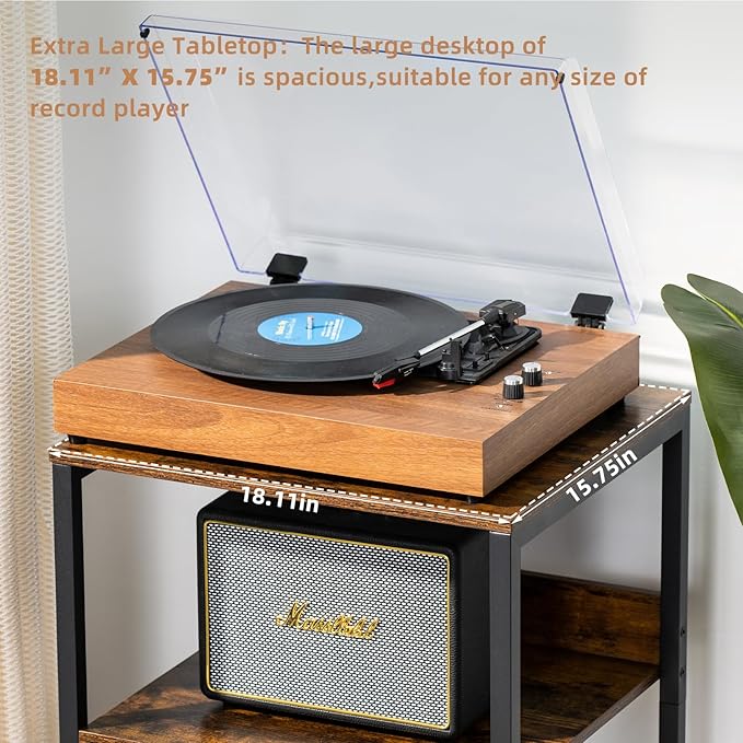 LELELINKY Large Brown Record Player Stand, 3 Tier 18" Wide Big End Table with Vinyl Storage Up to 130 Albums, Industrial Turntable Printer Tables, Modern Side Tables for Living Room, Bedroom, Office