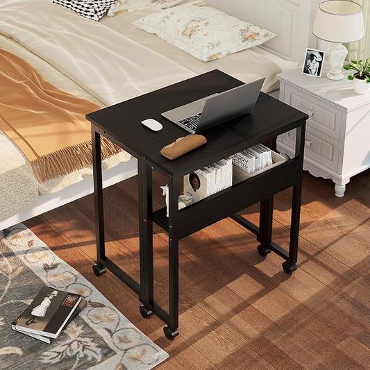 GreenForest Folding Desk Small Rolling Desk with Storage Shelf,31.5 inch Foldable Computer Desk with Wheels for Small Space, Easy Assembly,Black
