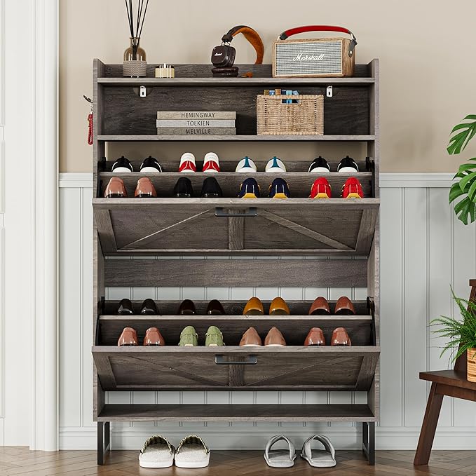 Shoe Cabinet with 2 Flip Drawers Narrow Shoe Storage Organizer Wooden Freestanding Rack Hidden Slim Shoes Storage Cabinet for Entryway, Hallway, Living Room, Bedroom (Grey)