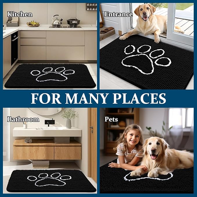 OLANLY Dog Door Mat for Muddy Paws 45x27, Paw Print Design, Absorbs Moisture and Dirt, Absorbent Non-Slip Washable Doormat, Quick Dry Chenille Mud Mat for Dogs, Entry Indoor Entryway Carpet, Black