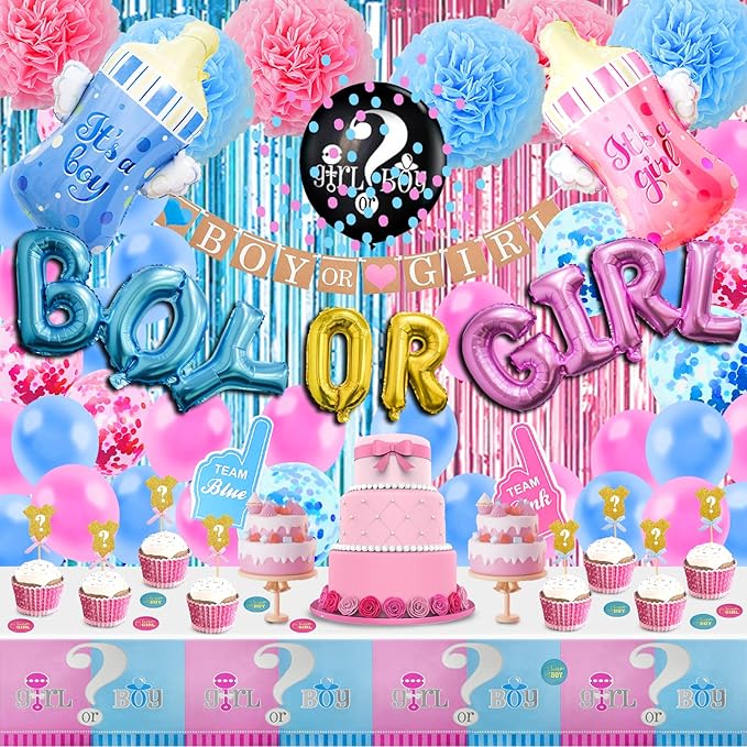124 Pcs Gender Reveal Decorations Kit, Party Supplies With 36'' Balloon, Boy OR Girl Foil Balloon, Paper Pompoms, Tablecloth, Photo Props