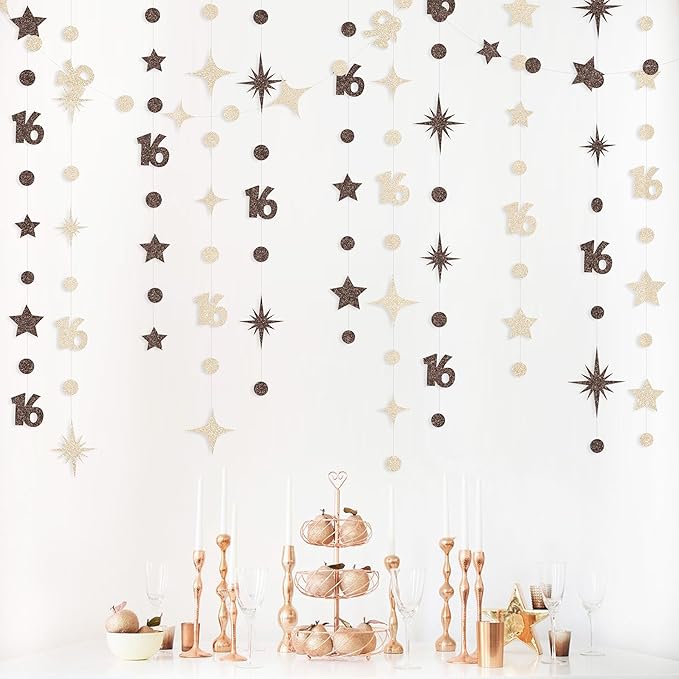 Champagne Gold Brown 16th Birthday Decorations Number 16 Circle Dot Star Garland Streamer Banner Backdrop for Girls Boys Sweet Sixteen Cheers to 16 Years Old Happy 16th Birthday Party Supplies