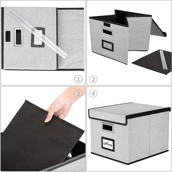Huolewa Upgraded Portable File Organizer Box with Lid, Collapsible Linen Hanging Filing Storage Boxes with Plastic Slides, Decorative Home/Office Filing System Box for File and Folders Storage (Gray)