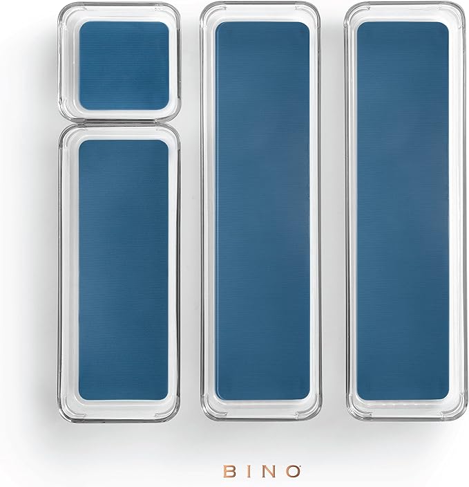 BINO | 4-Piece Drawer Organizer Bin Set - Navy, Small | THE MODULAR+ | Multi-Purpose Storage | Soft-Grip Lining and Non-Slip Rubber Feet | Durable | BPA-Free | Desk Drawer Organizer | Vanity Organizer