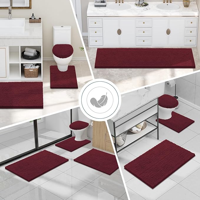 Smiry Luxury Chenille Toilet Rugs U-Shaped 20x20, Soft Absorbent Non-Slip Contour Bathroom Rugs for Toilet, Machine Washable Contoured Bath Mats, Burgundy