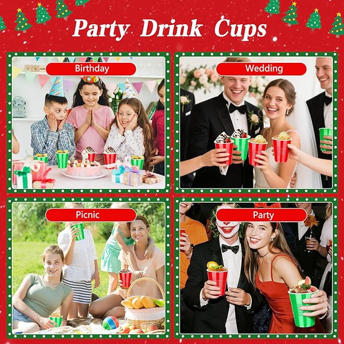 KesaPlan 100PCS 12oz Disposable Plastic Cups, Red and Green Christmas Party Drinking Cups, Xmas Holiday Supplies