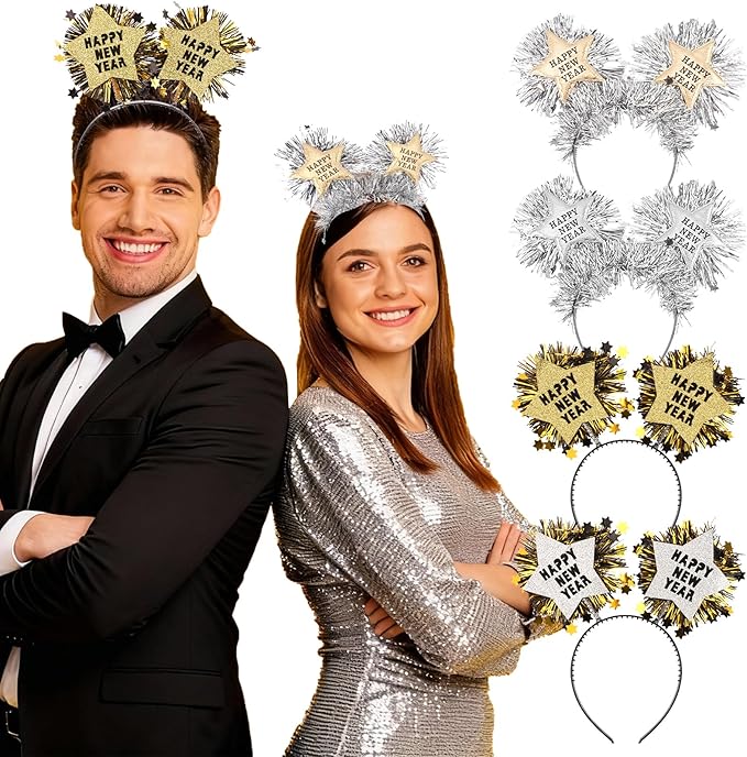 4PCS Happy New Year Headbands for Women, Silver and Gold Hair Hoop Headdress Hair Accessories for New Years Eve Party Supplies 2026