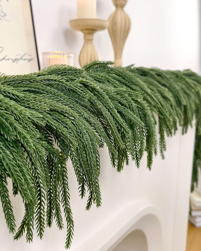 6ft Christmas Garland with Lights,Thick Norfolk Pine Garland, Realistic Green Garlands for Mantle, Stair Railing, Battery Operated Indoor/Outdoor New Year Holiday Decoration with Timer