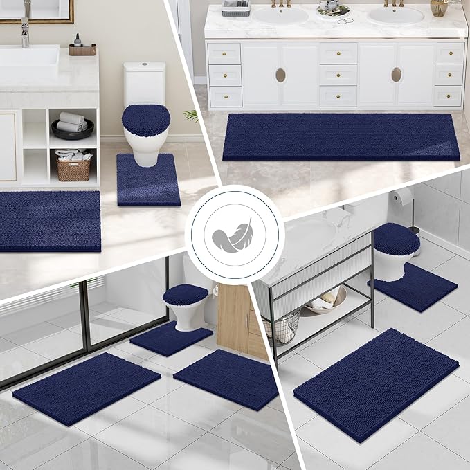 Smiry Luxury Chenille Toilet Rugs U-Shaped 20x20, Soft Absorbent Non-Slip Contour Bathroom Rugs for Toilet, Machine Washable Contoured Bath Mats, Navy Blue