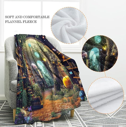 Jekeno Starry Sky Planet Bookshelf Blanket Gifts for Women Men Kids Halloween Birthday Christmas Library Book Bookcase Mysterious Tree Flowers Decor Bedroom Study Classroom Living Room Throw 50"x60"
