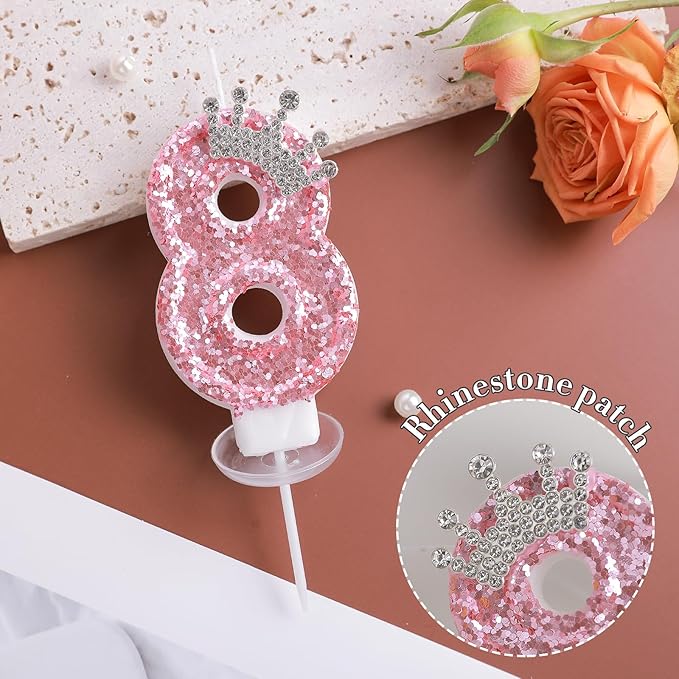 Birthday Number Candles,Pink Crown Birthday Candles for Cake,Glitter Number 6 Candle Cake Topper with Sequins for Girls,Women, Anniversary Celebrations Supplies (Pink 6)