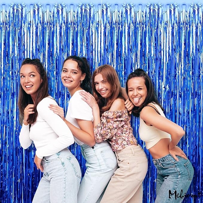 4 Pack Blue Fringe Curtain Backdrop, 3.2Ft x 6.6Ft Metallic Tinsel Foil Fringe Streamers Background for Photo Booth Birthday Wedding Baby Shower Easter Shark Pool Ocean Underwater Party Decorations