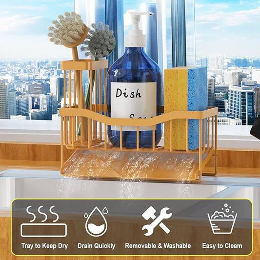 Maifan Sink Caddy Sponge Holder for Kitchen with Brush Holder and Stainless Steel Self Drain Tray, Rustproof Kitchen Sink Organizer for Sponge, Soap Dispenser Storage Accessories