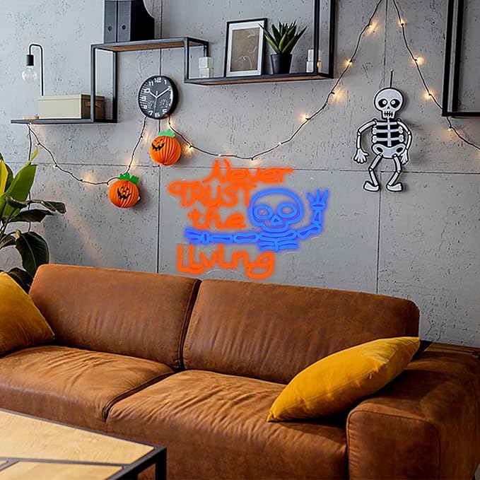 LISIGNVE Never Trust The Living Neon Sign Halloween Led Neon Light for wall Decor Skeleton Light Up Sign for Halloween Party Spooky Home Chamber of Secrets Horror Theme