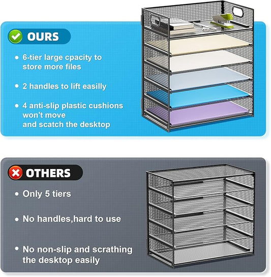 Marbrasse 2 Pack Desk Organizer with Handle, 6 Tier Paper Letter Tray, Mesh Desk File Organizer for Office, School and Home