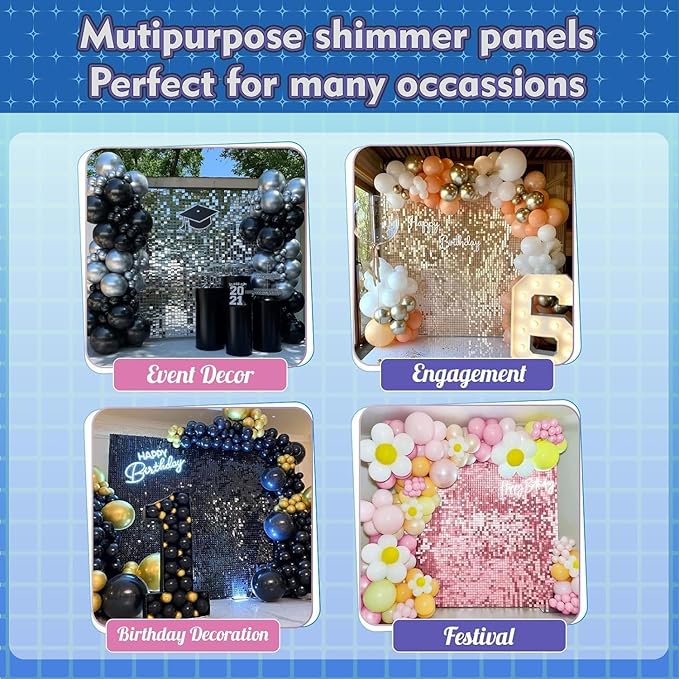 Qcity Champagne Gold Shimmer Wall Backdrop 36PCS, Black Back Not See-Through Design, Square Sequin Glitter Backdrop Panel, Perfect for Outdoor Events, Birthdays, Wedding and Party Decoration