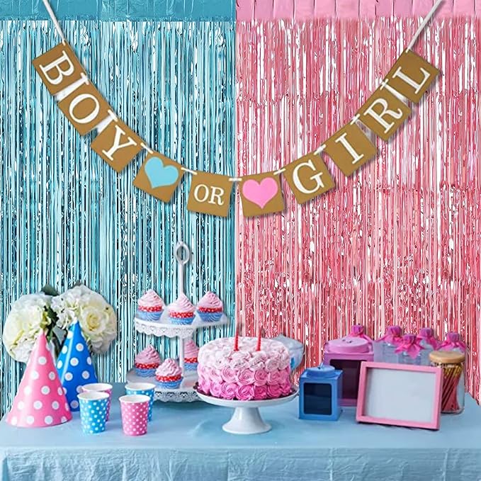 4 Pack 3.2Ft x 8.2Ft Pink Blue Fringe Curtain Backdrop, Metallic Tinsel Foil Fringe Streamers Curtains for Photo Booth Wedding Gender Reveal Backdrop Boy or Girl Birthday Party Decoration